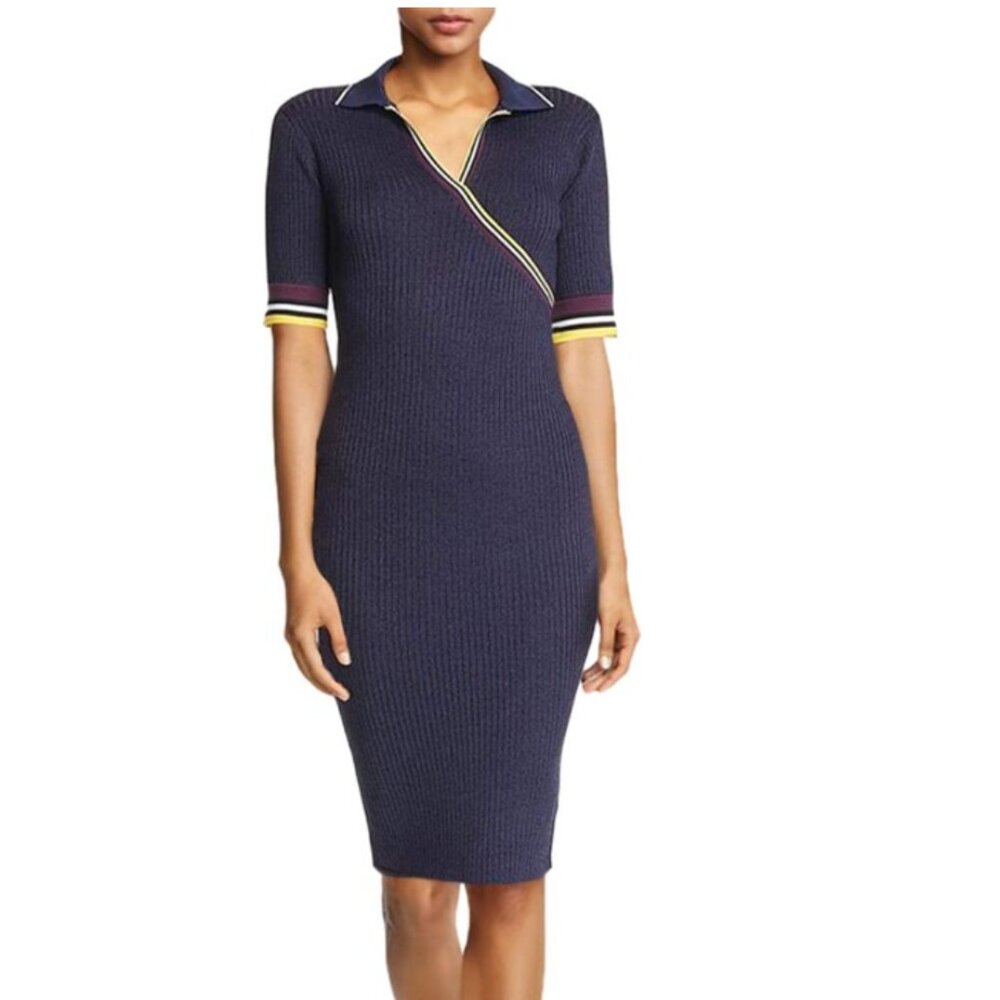 PARKER Women's Monty Short Sleeve V-Neck Fitted Midi Knit Dress